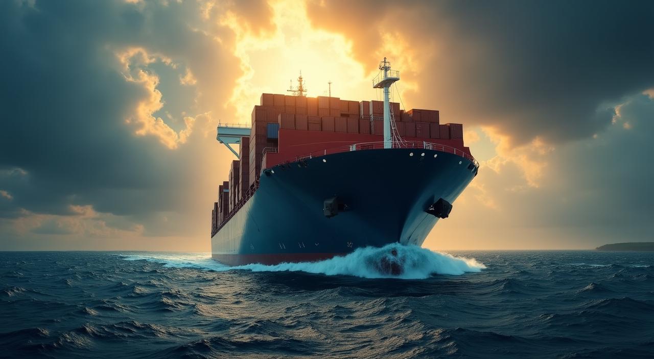 Nave cargo commerciale in mare aperto sotto un cielo tempestoso